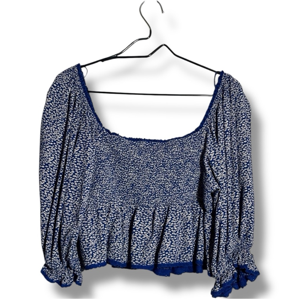 Free People Cropped Sweatheart Neckline V-neck 3/4 Sleeve Blue Floral Blouse - Picture 16 of 16